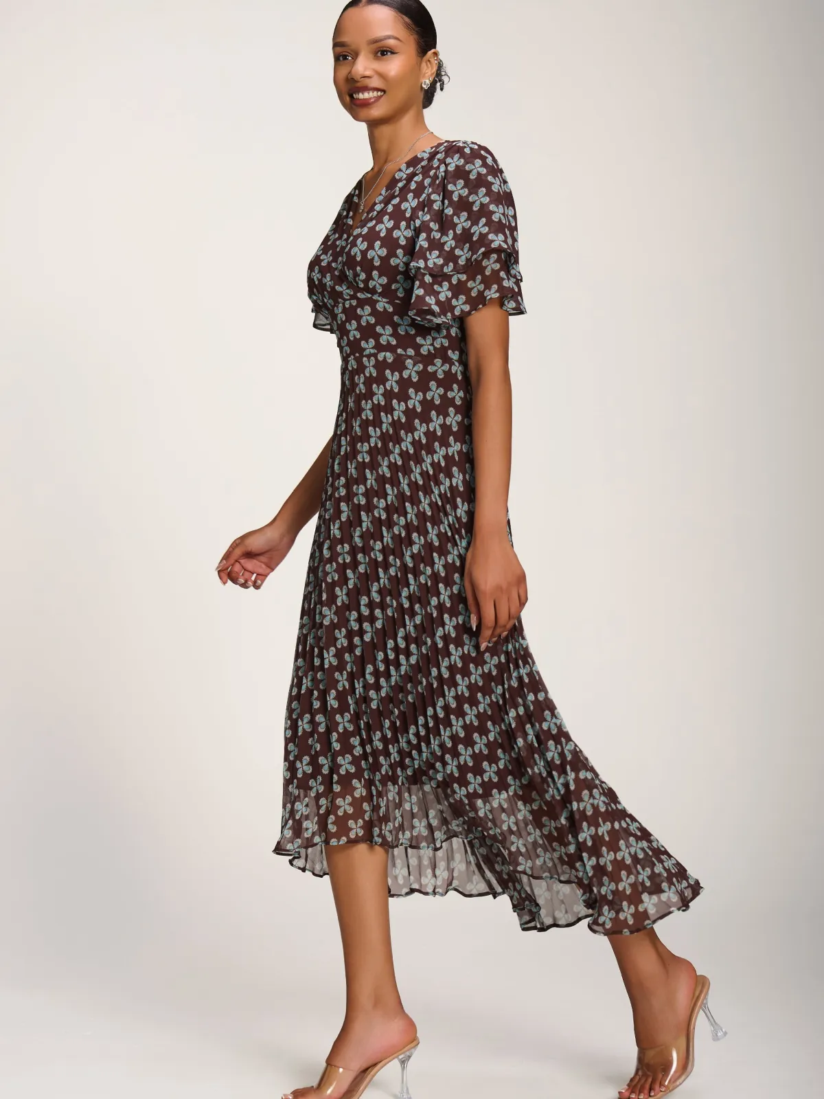 Jolie Moi Occasion Dresses|Party Dresses-Angel Sleeve Pleated Chiffon Midaxi Dress, Brown Geo