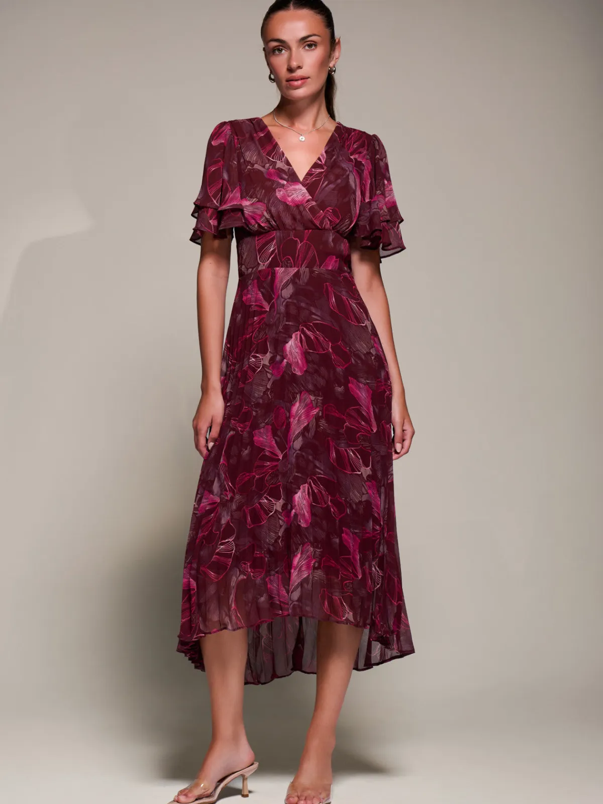 Jolie Moi Wrap Dresses-Angel Sleeve Pleated Chiffon Midaxi Dress, Burgundy Abstract
