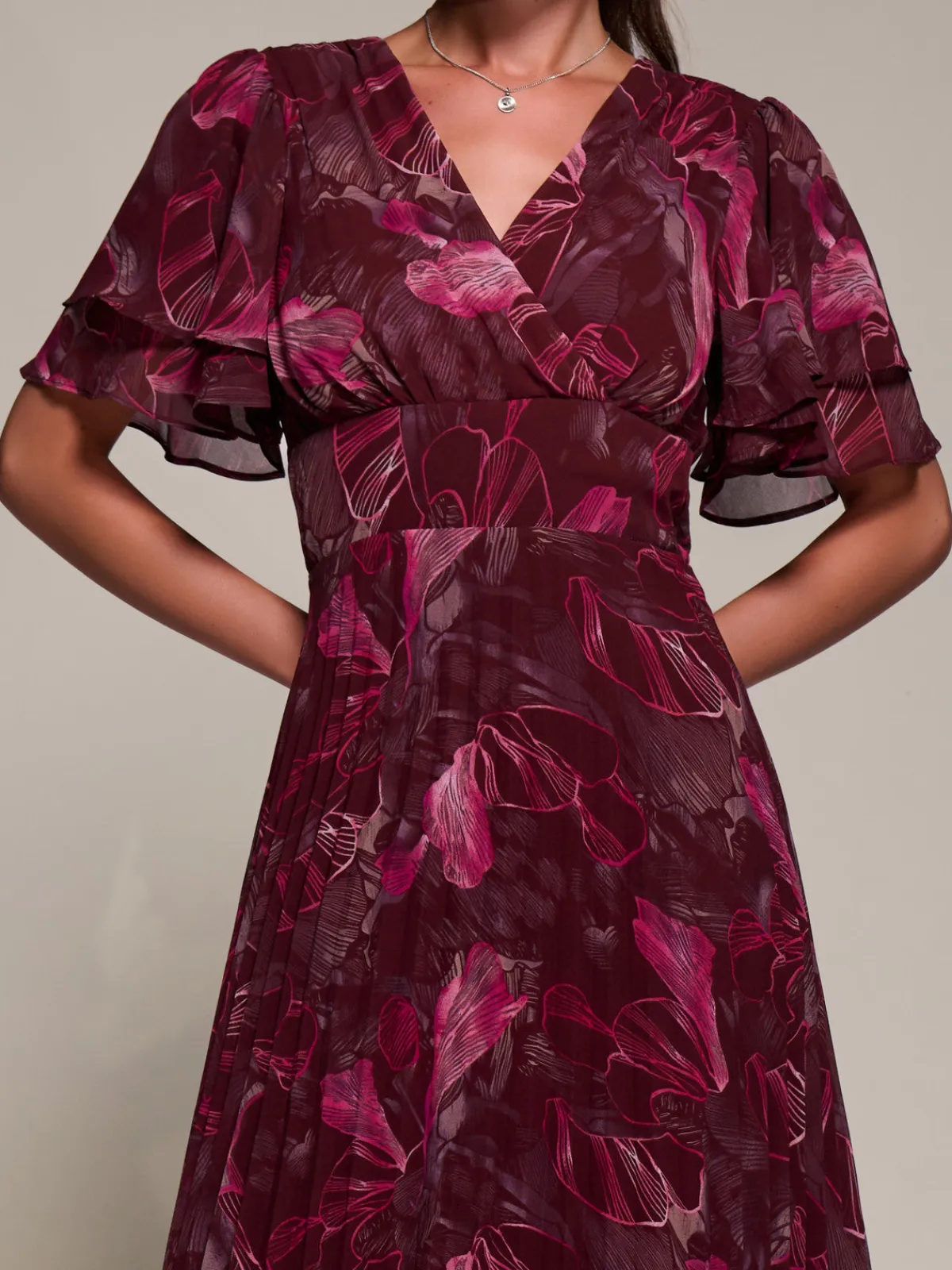 Jolie Moi Wrap Dresses-Angel Sleeve Pleated Chiffon Midaxi Dress, Burgundy Abstract