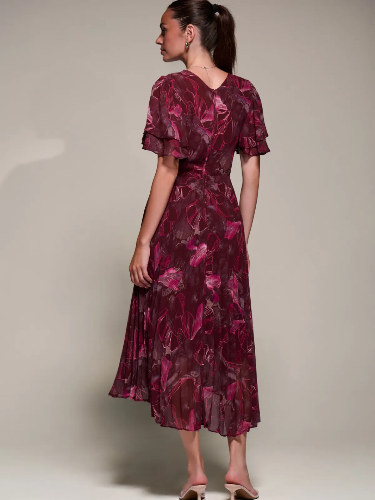 Jolie Moi Wrap Dresses-Angel Sleeve Pleated Chiffon Midaxi Dress, Burgundy Abstract