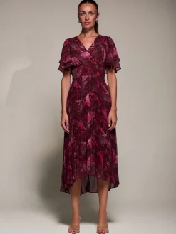 Jolie Moi Wrap Dresses-Angel Sleeve Pleated Chiffon Midaxi Dress, Burgundy Abstract