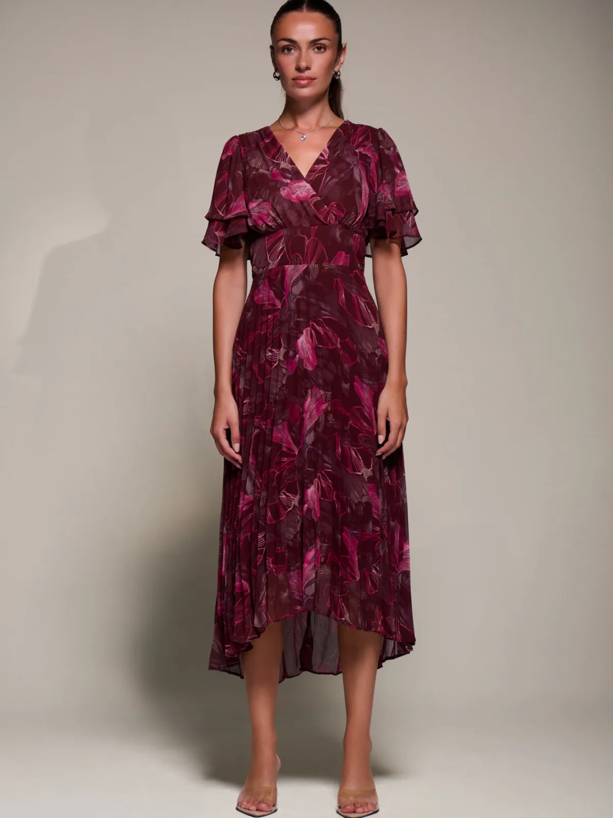 Jolie Moi Wrap Dresses-Angel Sleeve Pleated Chiffon Midaxi Dress, Burgundy Abstract