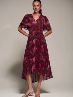Jolie Moi Wrap Dresses-Angel Sleeve Pleated Chiffon Midaxi Dress, Burgundy Abstract