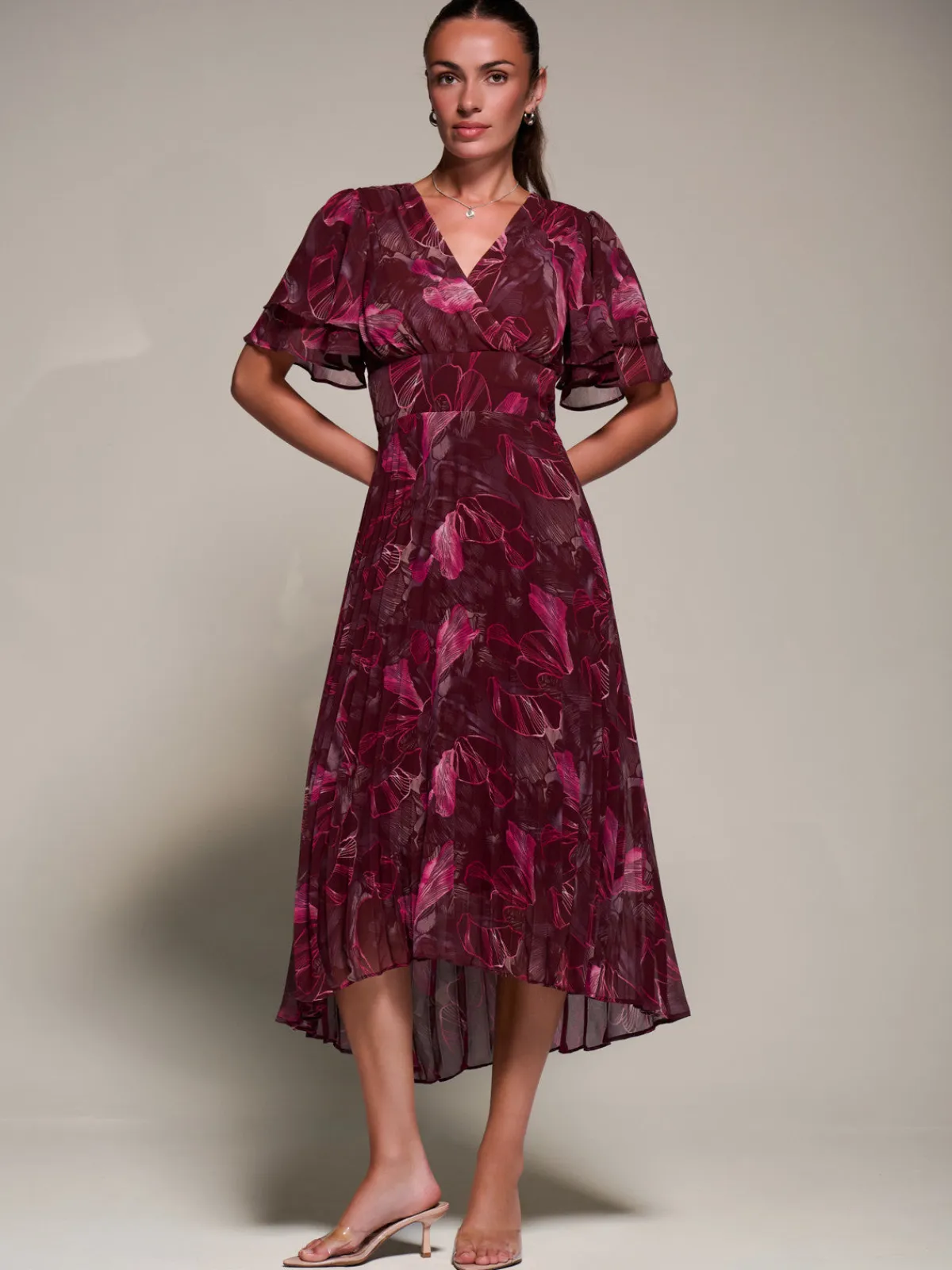 Jolie Moi Wrap Dresses-Angel Sleeve Pleated Chiffon Midaxi Dress, Burgundy Abstract