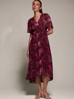 Jolie Moi Wrap Dresses-Angel Sleeve Pleated Chiffon Midaxi Dress, Burgundy Abstract