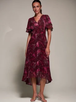 Jolie Moi Wrap Dresses-Angel Sleeve Pleated Chiffon Midaxi Dress, Burgundy Abstract