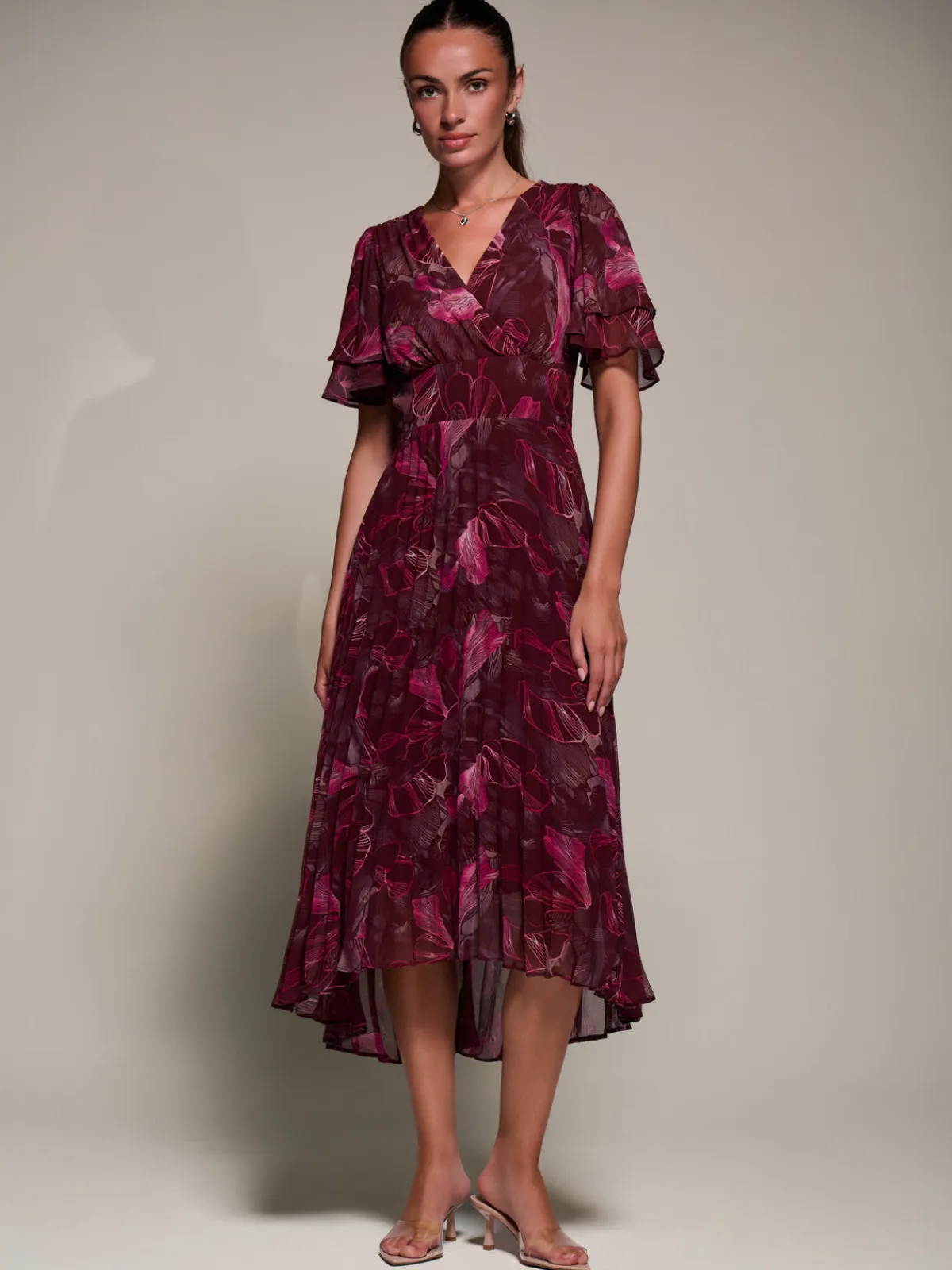 Jolie Moi Wrap Dresses-Angel Sleeve Pleated Chiffon Midaxi Dress, Burgundy Abstract