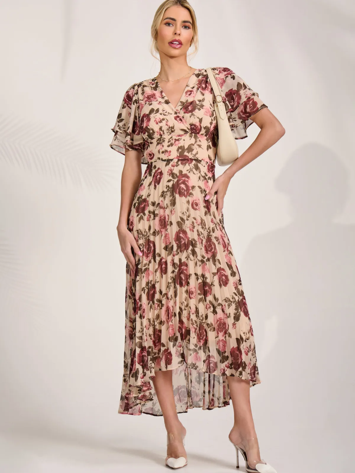 Jolie Moi Occasion Dresses|Floral Dresses-Angel Sleeve Pleated Chiffon Midaxi Dress, Cream Floral