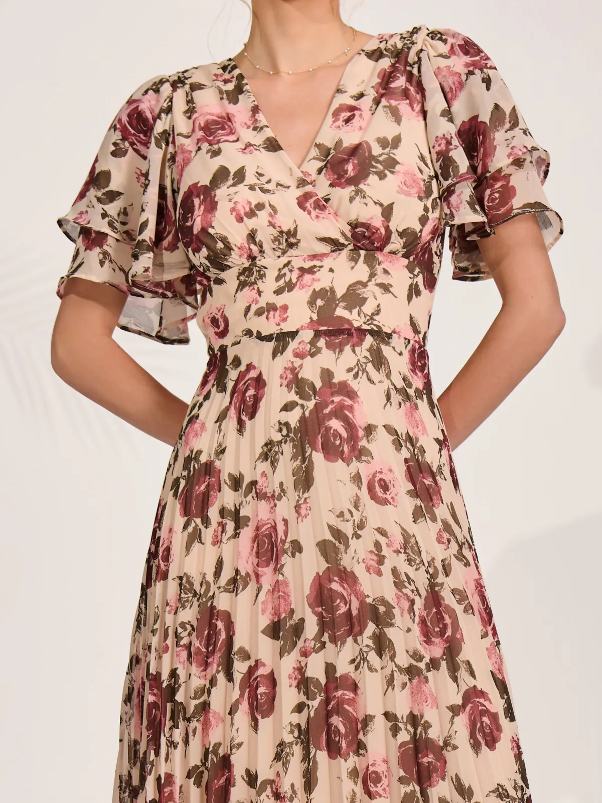 Jolie Moi Occasion Dresses|Floral Dresses-Angel Sleeve Pleated Chiffon Midaxi Dress, Cream Floral