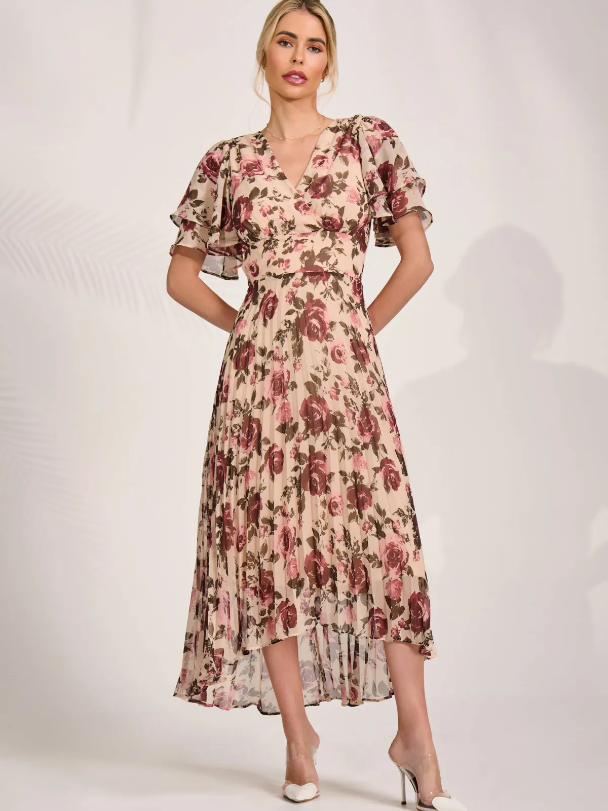 Jolie Moi Occasion Dresses|Floral Dresses-Angel Sleeve Pleated Chiffon Midaxi Dress, Cream Floral