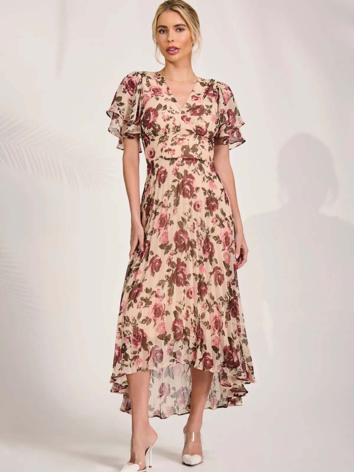 Jolie Moi Occasion Dresses|Floral Dresses-Angel Sleeve Pleated Chiffon Midaxi Dress, Cream Floral