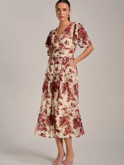 Jolie Moi Occasion Dresses|Signature Lace-Angel Sleeve Print Lace Maxi Dress, Beige Floral