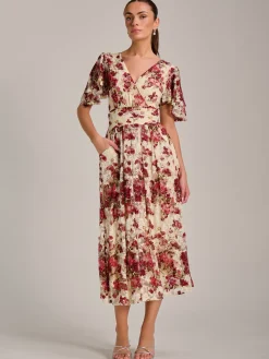 Jolie Moi Occasion Dresses|Signature Lace-Angel Sleeve Print Lace Maxi Dress, Beige Floral