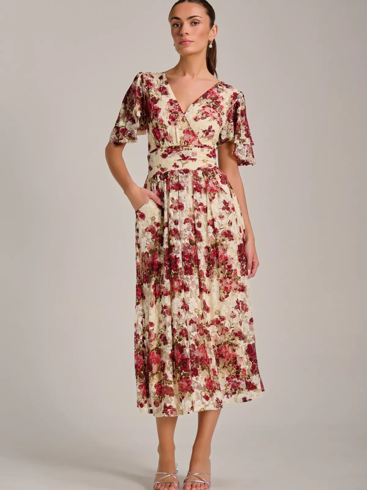 Jolie Moi Occasion Dresses|Signature Lace-Angel Sleeve Print Lace Maxi Dress, Beige Floral