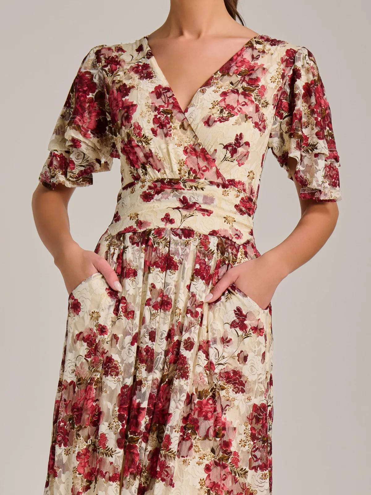 Jolie Moi Occasion Dresses|Signature Lace-Angel Sleeve Print Lace Maxi Dress, Beige Floral