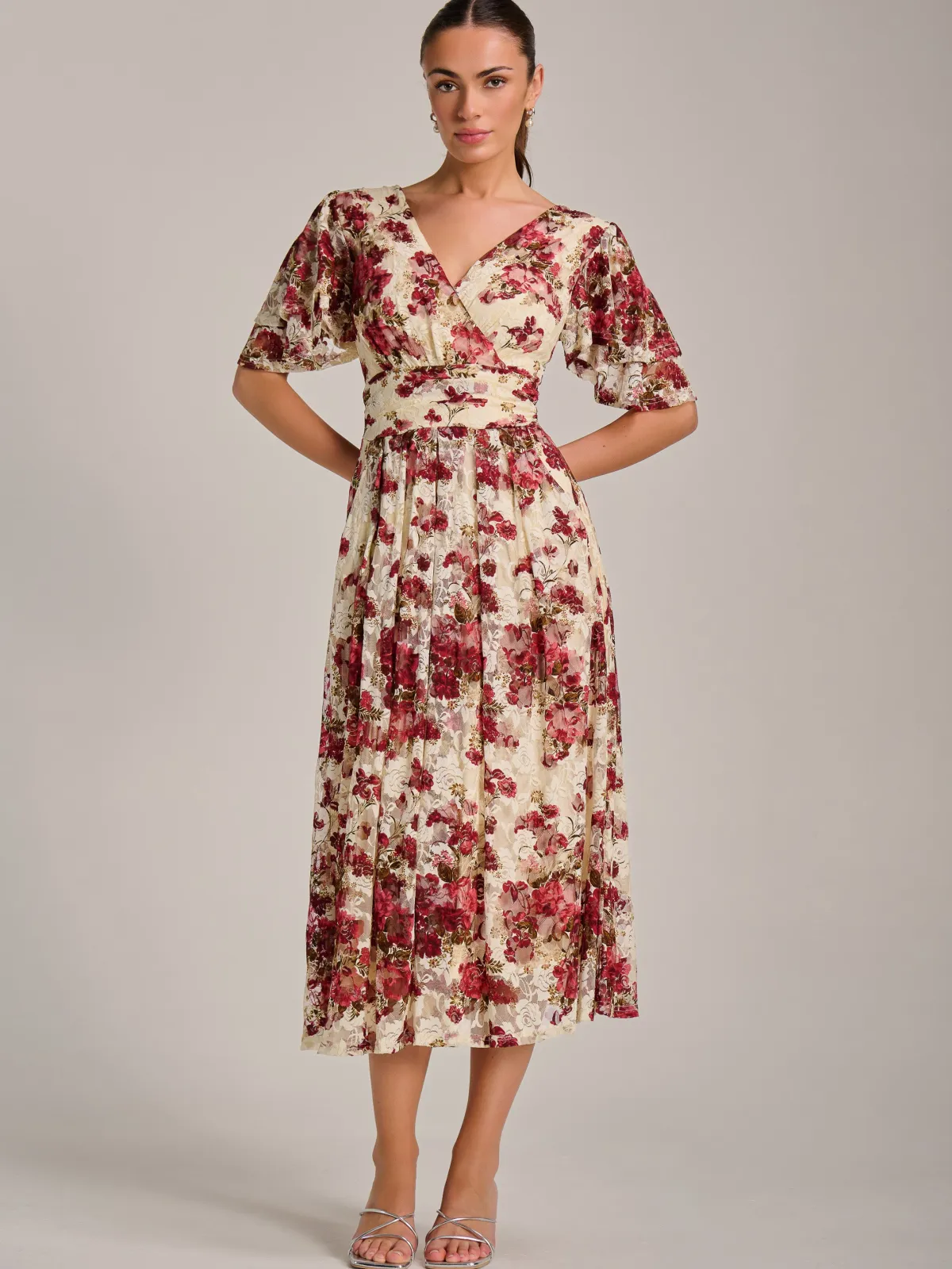 Jolie Moi Occasion Dresses|Signature Lace-Angel Sleeve Print Lace Maxi Dress, Beige Floral