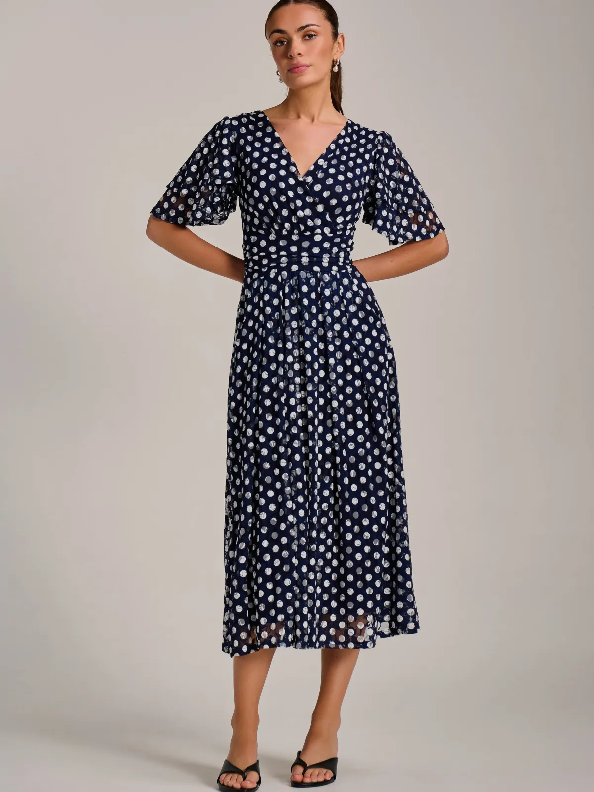 Jolie Moi Occasion Dresses|Weekend Casuals-Angel Sleeve Print Lace Maxi Dress, Navy Spot