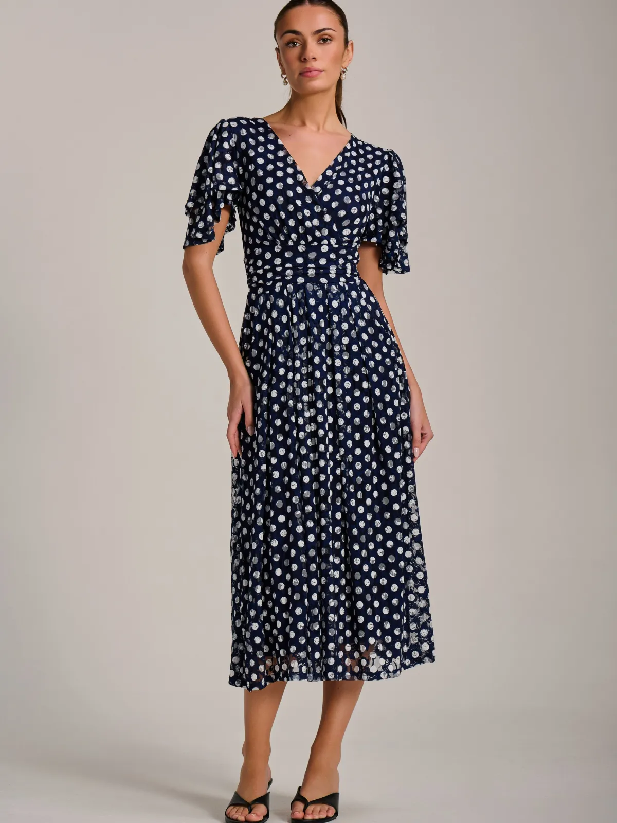 Jolie Moi Occasion Dresses|Weekend Casuals-Angel Sleeve Print Lace Maxi Dress, Navy Spot