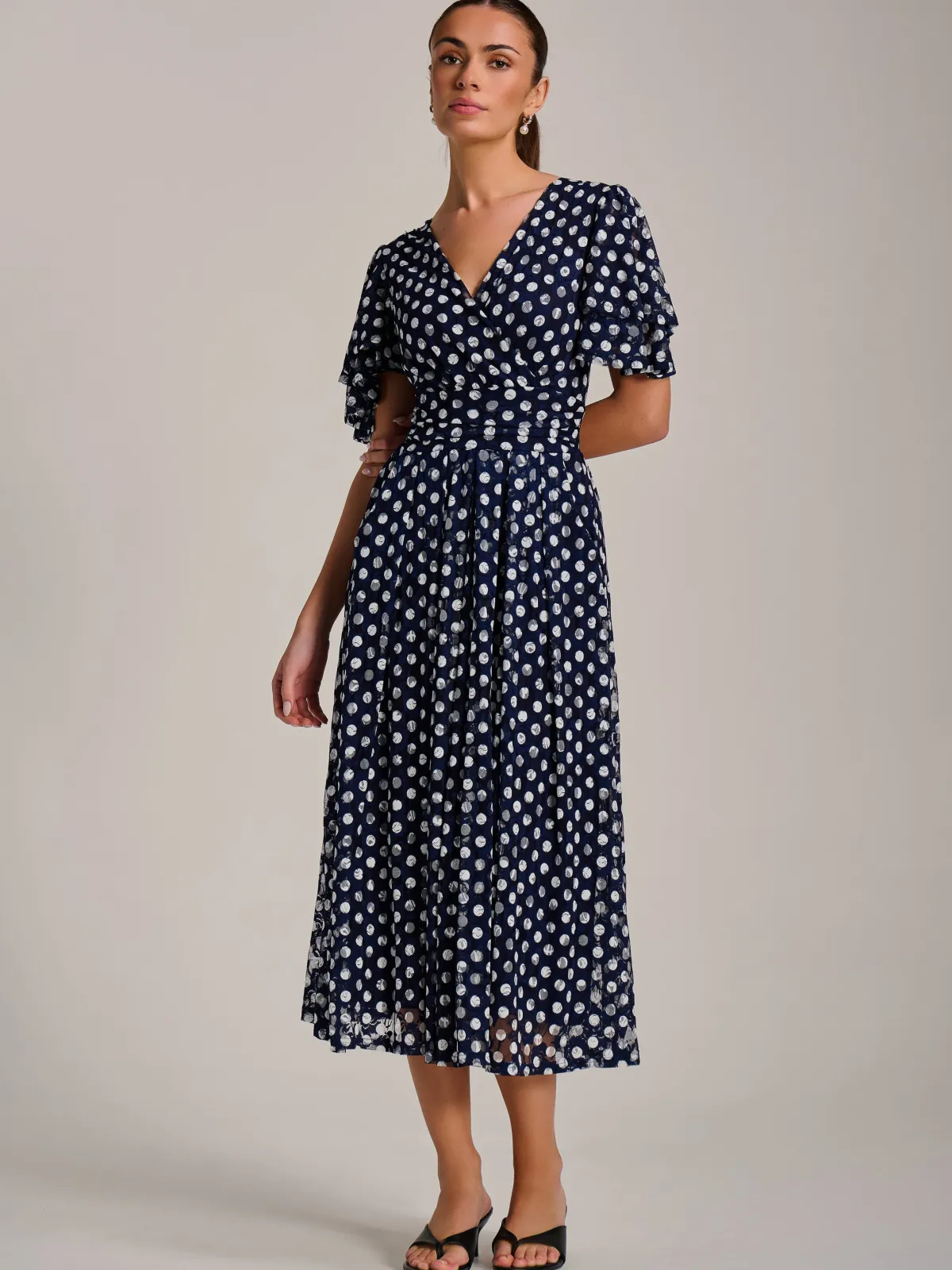 Jolie Moi Occasion Dresses|Weekend Casuals-Angel Sleeve Print Lace Maxi Dress, Navy Spot