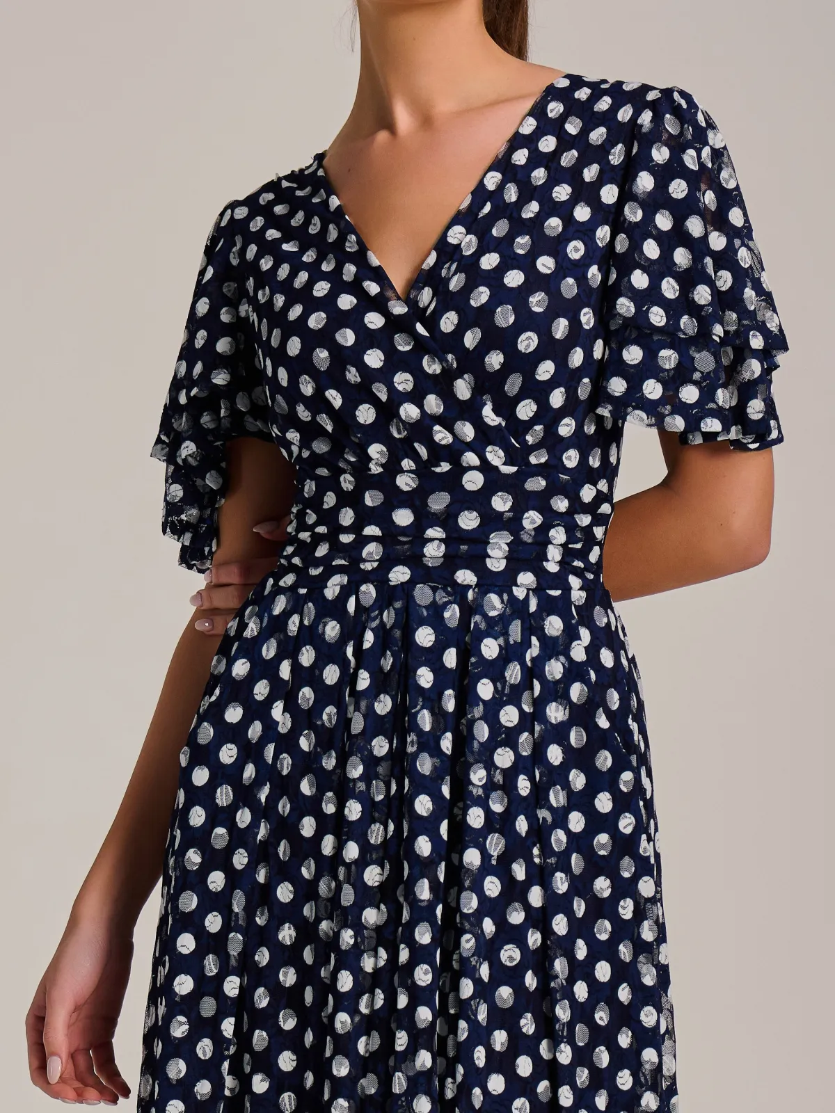 Jolie Moi Occasion Dresses|Weekend Casuals-Angel Sleeve Print Lace Maxi Dress, Navy Spot