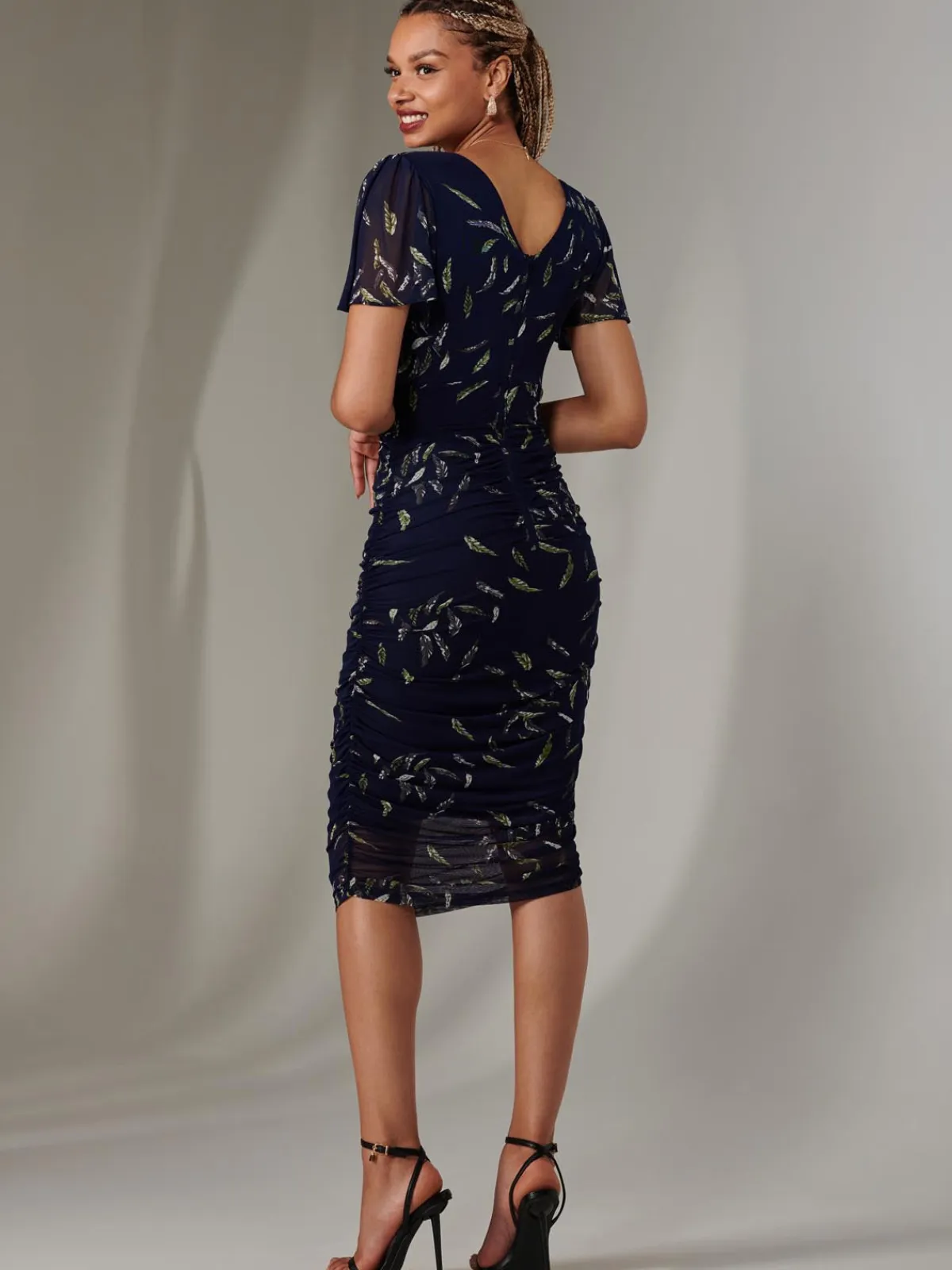 Jolie Moi Occasion Dresses|Floral Dresses-Angel Sleeve Ruched Bodycon Dress, Navy Leafy