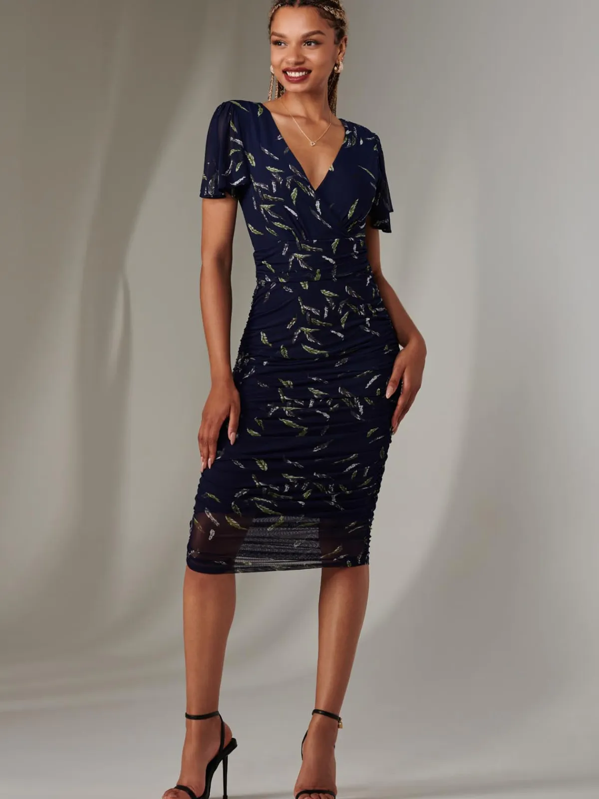 Jolie Moi Occasion Dresses|Floral Dresses-Angel Sleeve Ruched Bodycon Dress, Navy Leafy