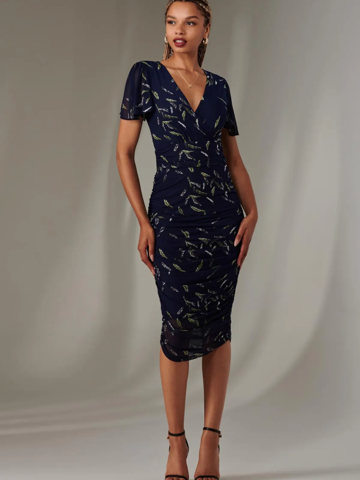 Jolie Moi Occasion Dresses|Floral Dresses-Angel Sleeve Ruched Bodycon Dress, Navy Leafy