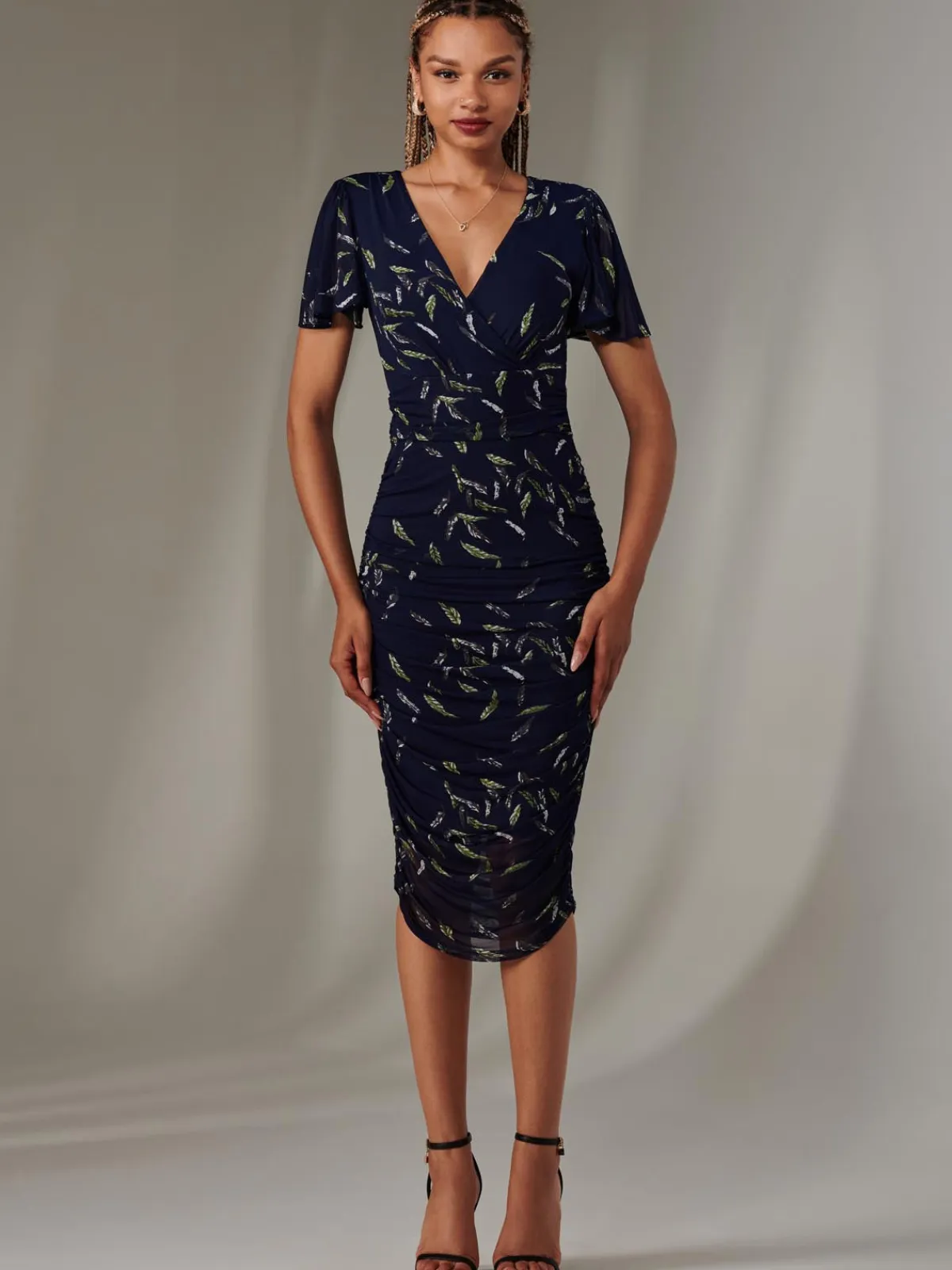 Jolie Moi Occasion Dresses|Floral Dresses-Angel Sleeve Ruched Bodycon Dress, Navy Leafy