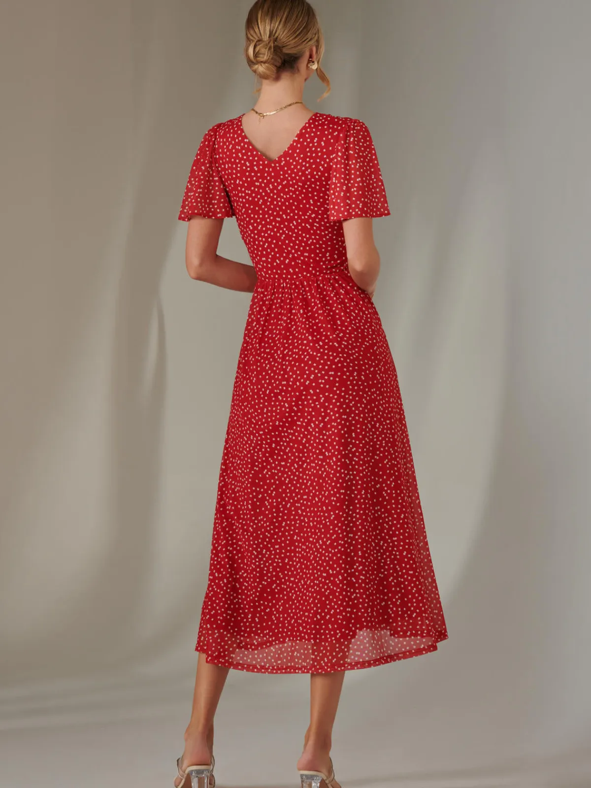 Jolie Moi Occasion Dresses|Party Dresses-Angel Sleeve Wrap Bodice Mesh Maxi Dress, Red Geo