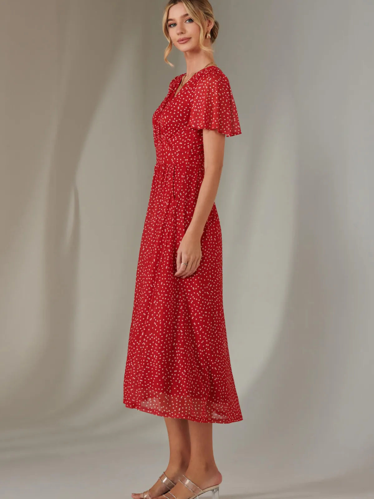 Jolie Moi Occasion Dresses|Party Dresses-Angel Sleeve Wrap Bodice Mesh Maxi Dress, Red Geo