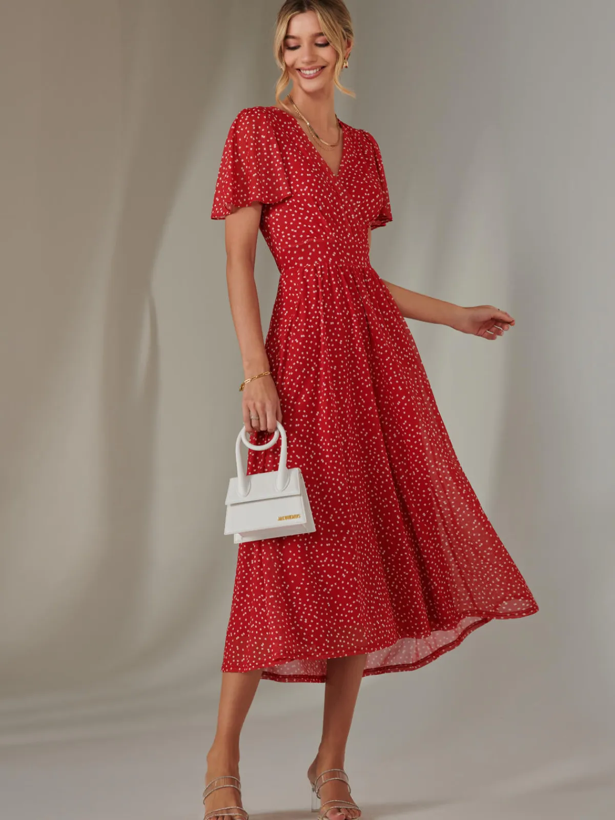 Jolie Moi Occasion Dresses|Party Dresses-Angel Sleeve Wrap Bodice Mesh Maxi Dress, Red Geo