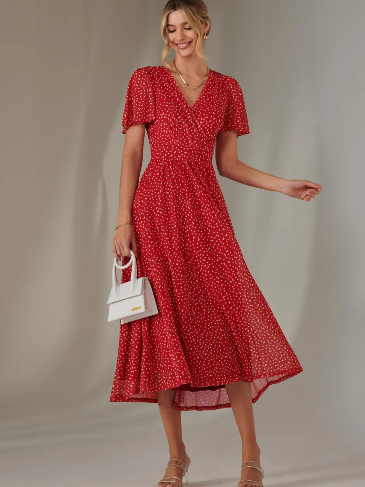 Jolie Moi Occasion Dresses|Party Dresses-Angel Sleeve Wrap Bodice Mesh Maxi Dress, Red Geo