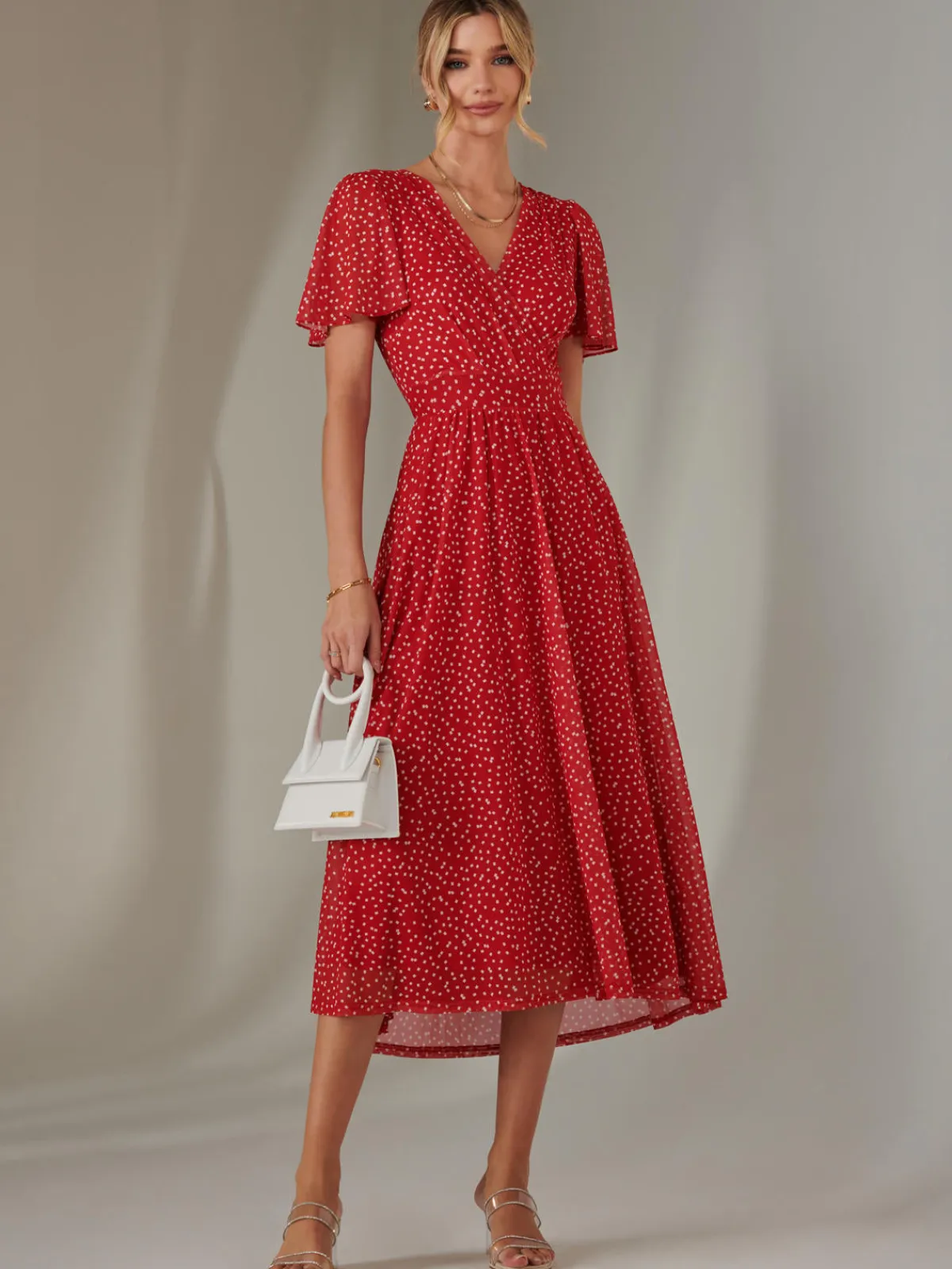 Jolie Moi Occasion Dresses|Party Dresses-Angel Sleeve Wrap Bodice Mesh Maxi Dress, Red Geo