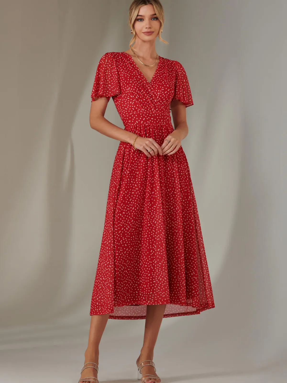 Jolie Moi Occasion Dresses|Party Dresses-Angel Sleeve Wrap Bodice Mesh Maxi Dress, Red Geo