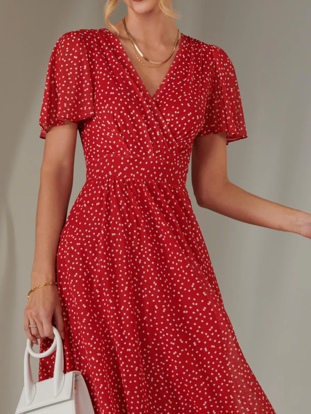 Jolie Moi Occasion Dresses|Party Dresses-Angel Sleeve Wrap Bodice Mesh Maxi Dress, Red Geo