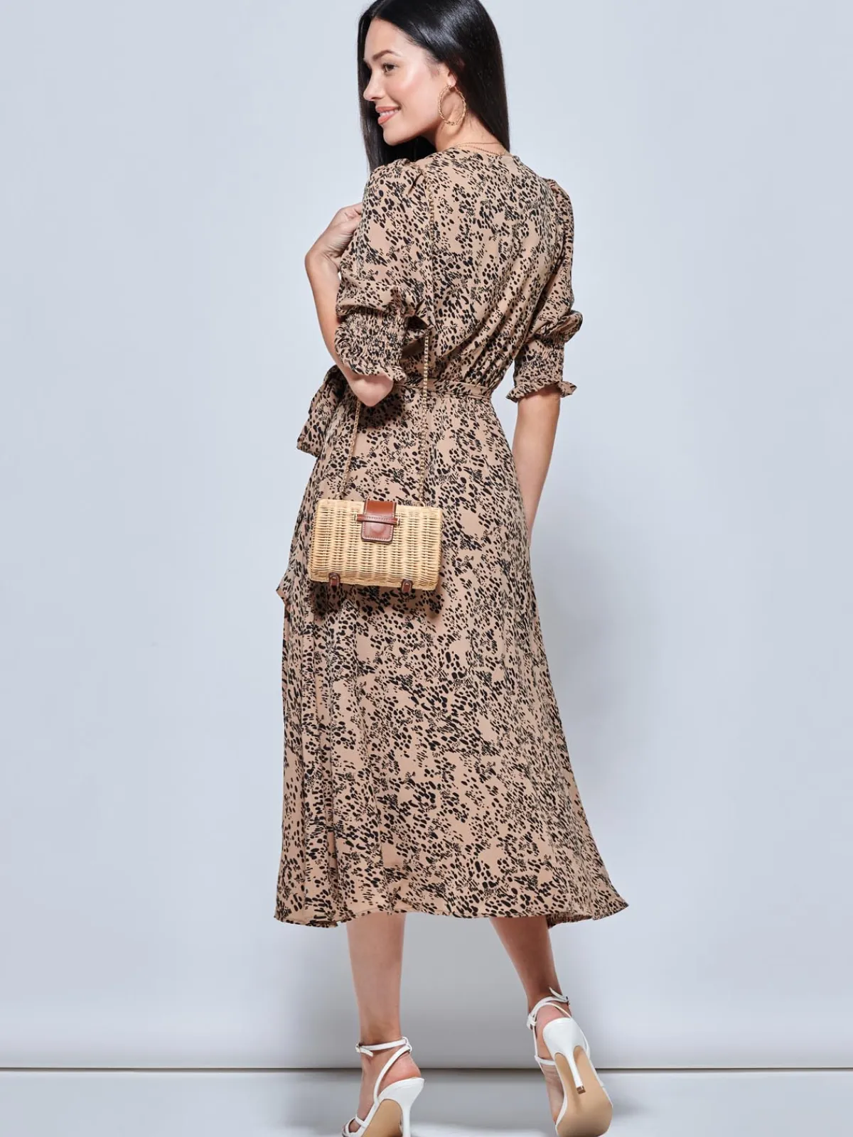 Jolie Moi Occasion Dresses|Weekend Casuals-Animal Print Crepe Wrap Midi Dress, Stone