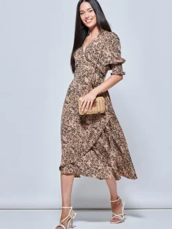 Jolie Moi Occasion Dresses|Weekend Casuals-Animal Print Crepe Wrap Midi Dress, Stone