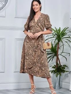 Jolie Moi Occasion Dresses|Weekend Casuals-Animal Print Crepe Wrap Midi Dress, Stone