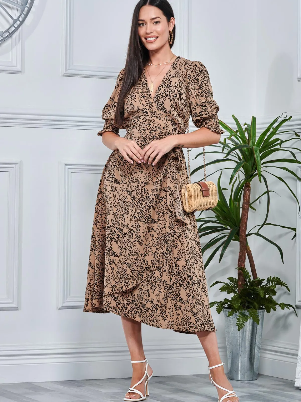 Jolie Moi Occasion Dresses|Weekend Casuals-Animal Print Crepe Wrap Midi Dress, Stone