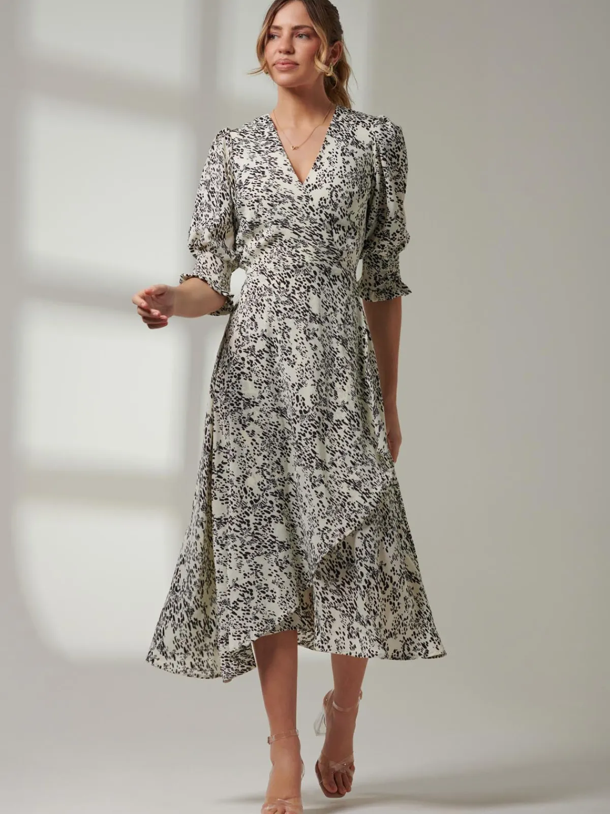 Jolie Moi Occasion Dresses|Weekend Casuals-Animal Print Crepe Wrap Midi Dress, White