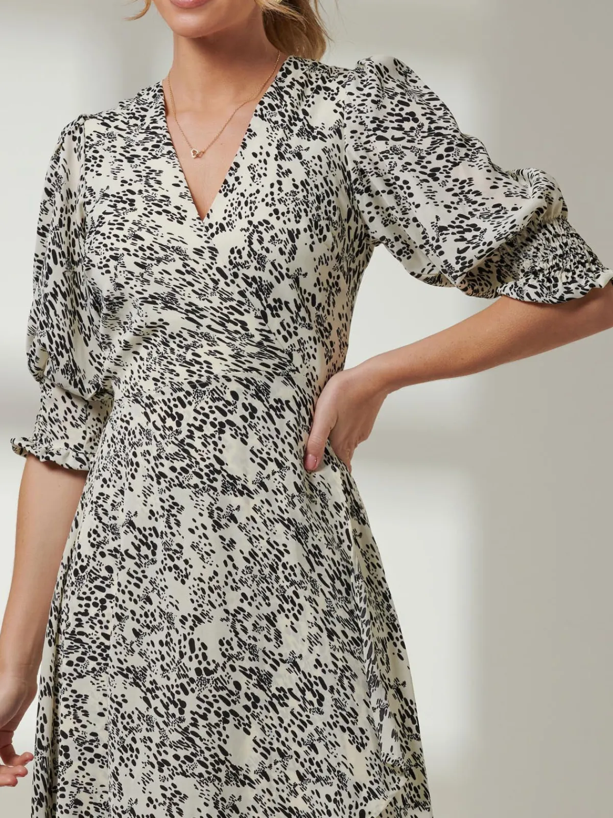 Jolie Moi Occasion Dresses|Weekend Casuals-Animal Print Crepe Wrap Midi Dress, White