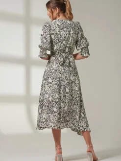 Jolie Moi Occasion Dresses|Weekend Casuals-Animal Print Crepe Wrap Midi Dress, White