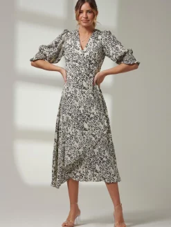 Jolie Moi Occasion Dresses|Weekend Casuals-Animal Print Crepe Wrap Midi Dress, White
