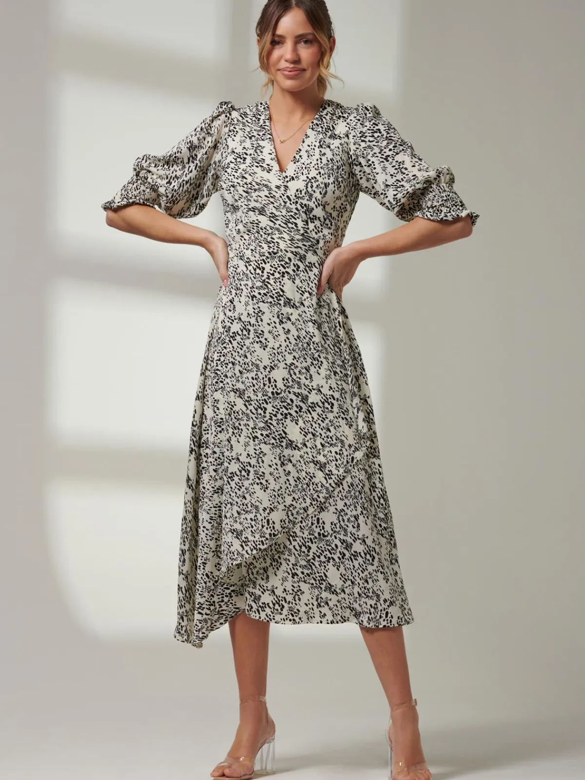 Jolie Moi Occasion Dresses|Weekend Casuals-Animal Print Crepe Wrap Midi Dress, White