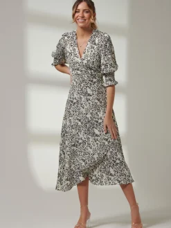 Jolie Moi Occasion Dresses|Weekend Casuals-Animal Print Crepe Wrap Midi Dress, White