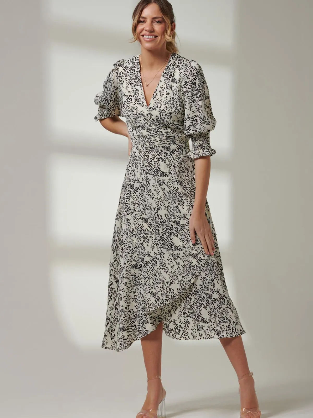 Jolie Moi Occasion Dresses|Weekend Casuals-Animal Print Crepe Wrap Midi Dress, White
