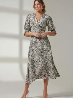 Jolie Moi Occasion Dresses|Weekend Casuals-Animal Print Crepe Wrap Midi Dress, White