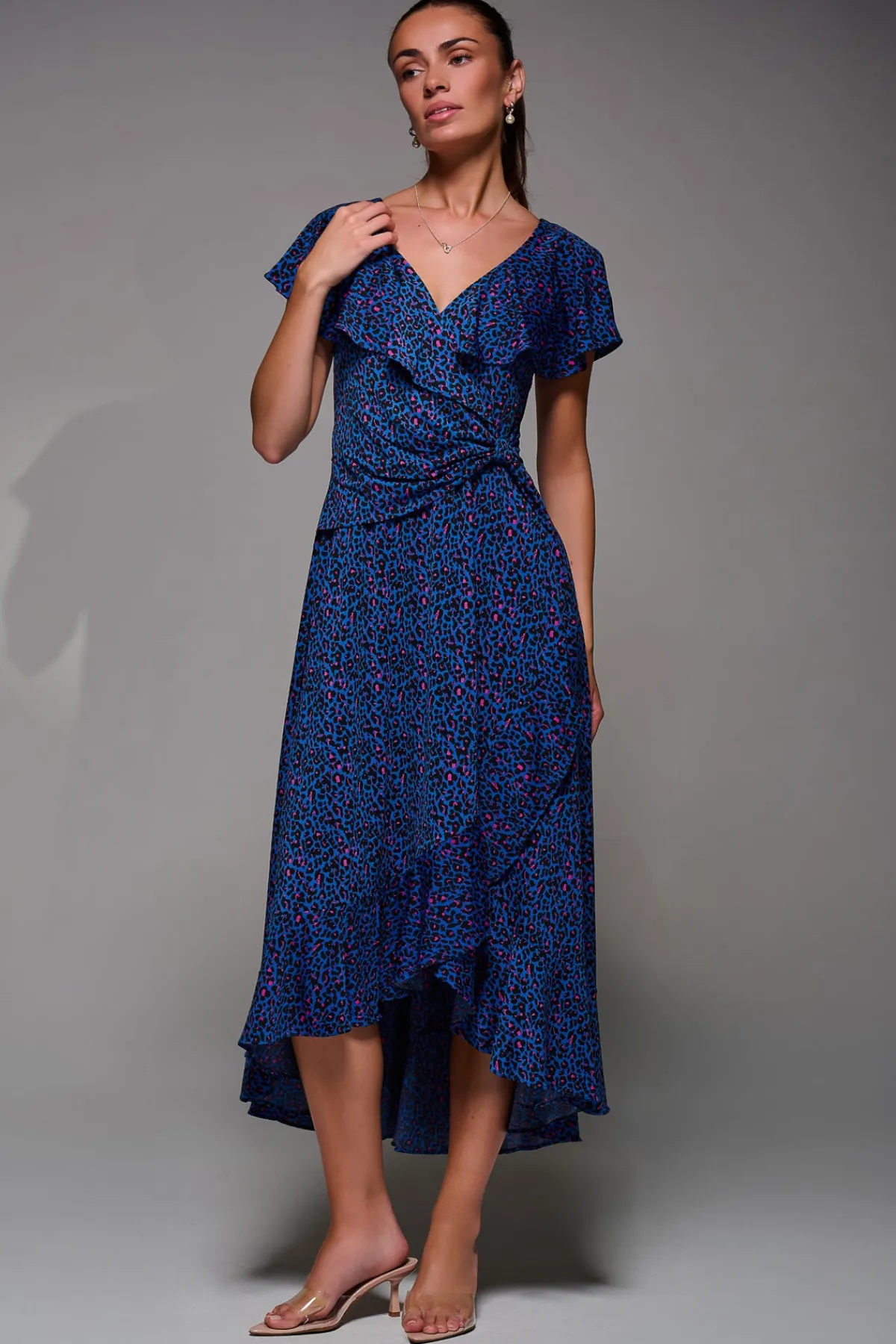 Jolie Moi Occasion Dresses|Jersey Dresses-Animal Print Frill Maxi Dress, Blue Animal