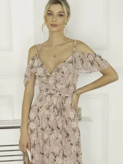Jolie Moi Occasion Dresses|Floral Dresses-Antonella Frill Chiffon Maxi Dress, Pink Multi