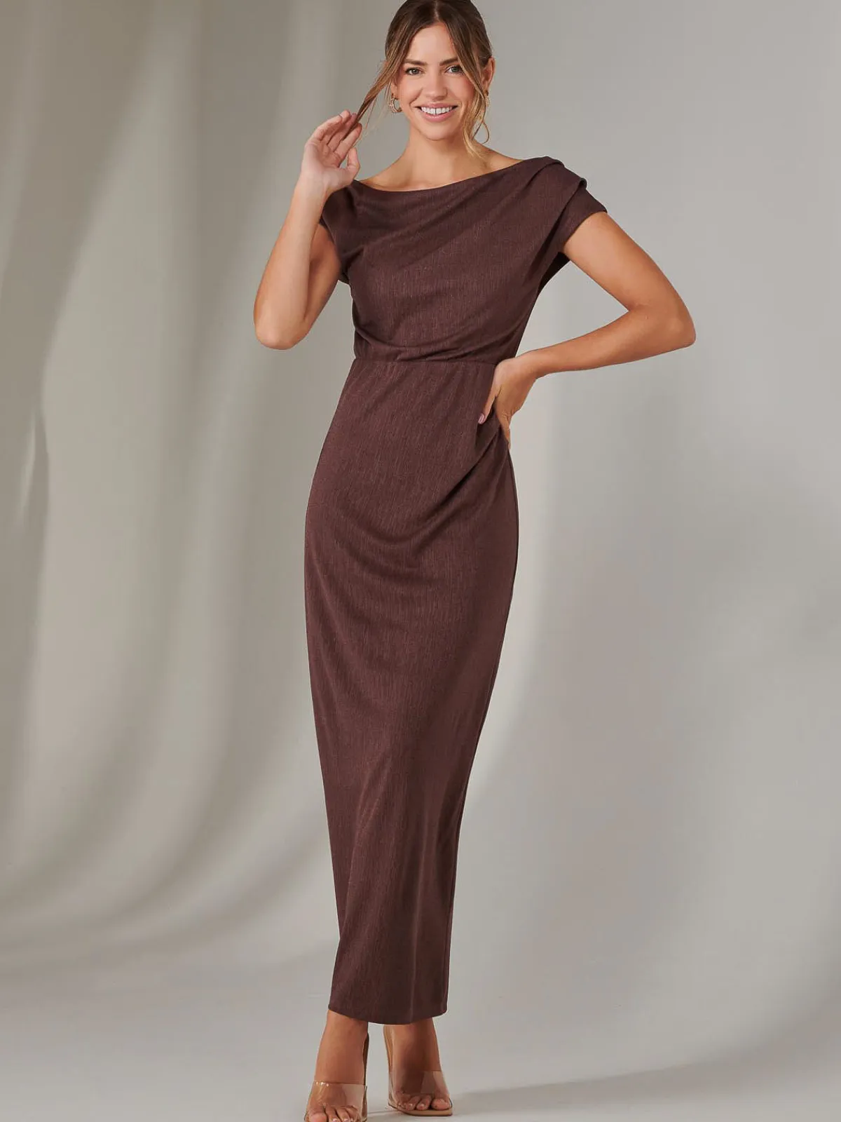 Jolie Moi Occasion Dresses|Party Dresses-Asymmetrical Bodycon Midaxi Dress, Brown